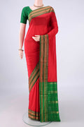 Pure Silk Red Narayanpet Saree with Plain Body and Zari Border.  displayed on a mannequin