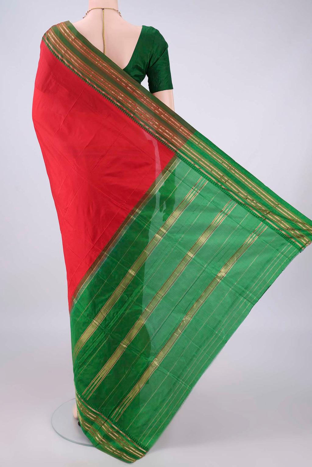 Flat view of Pure Silk Red Narayanpet Saree with Plain Body and Zari Border. 