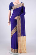 Pure Silk Dark Blue Narayanpet Saree with Plain Body and Zari Border.  displayed on a mannequin