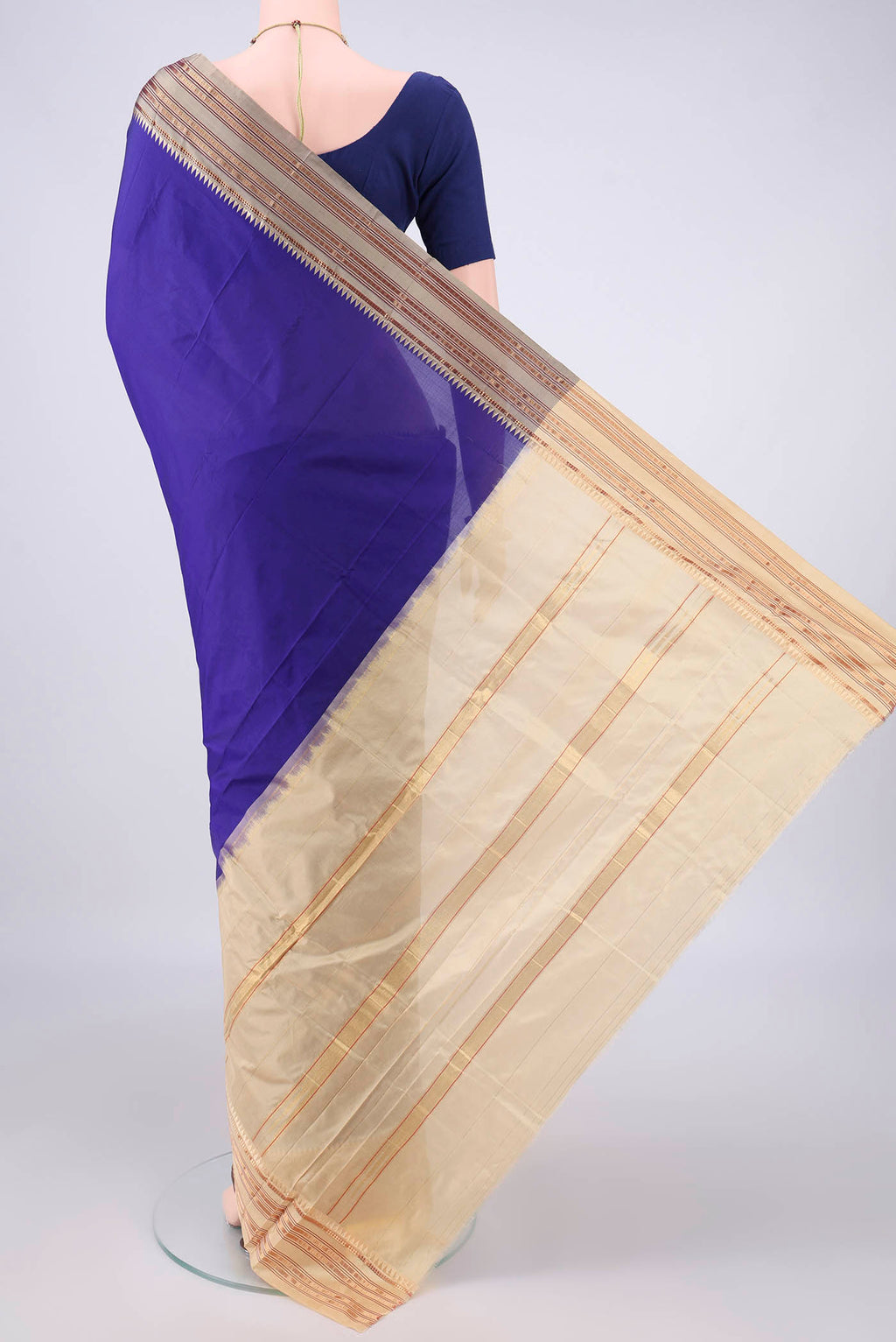 Flat view of Pure Silk Dark Blue Narayanpet Saree with Plain Body and Zari Border. 