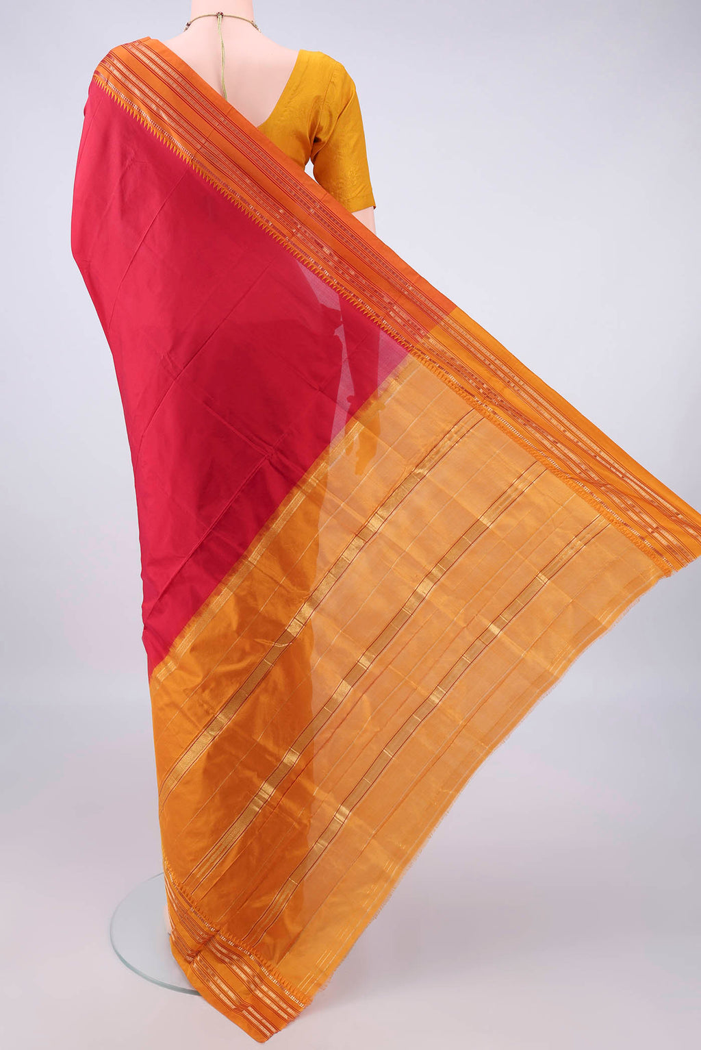 Flat view of Pure Silk Red Narayanpet Saree with Plain Body and Zari Border. 