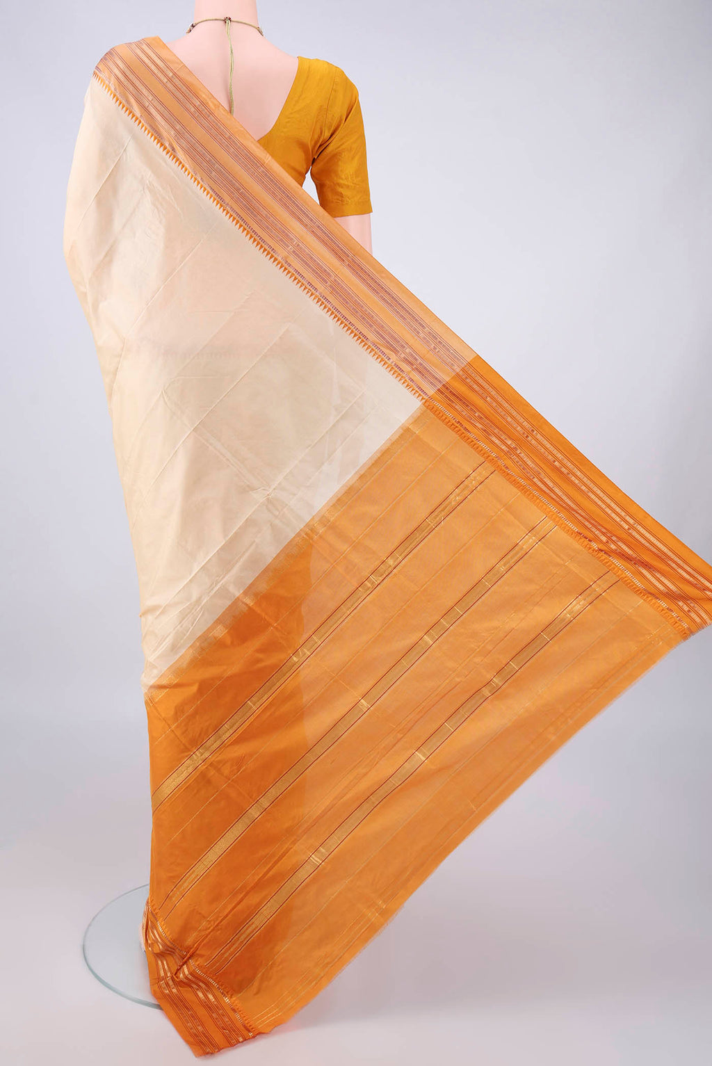 Flat view of Pure Silk Sandal Narayanpet Saree with Plain Body and Zari Border. 