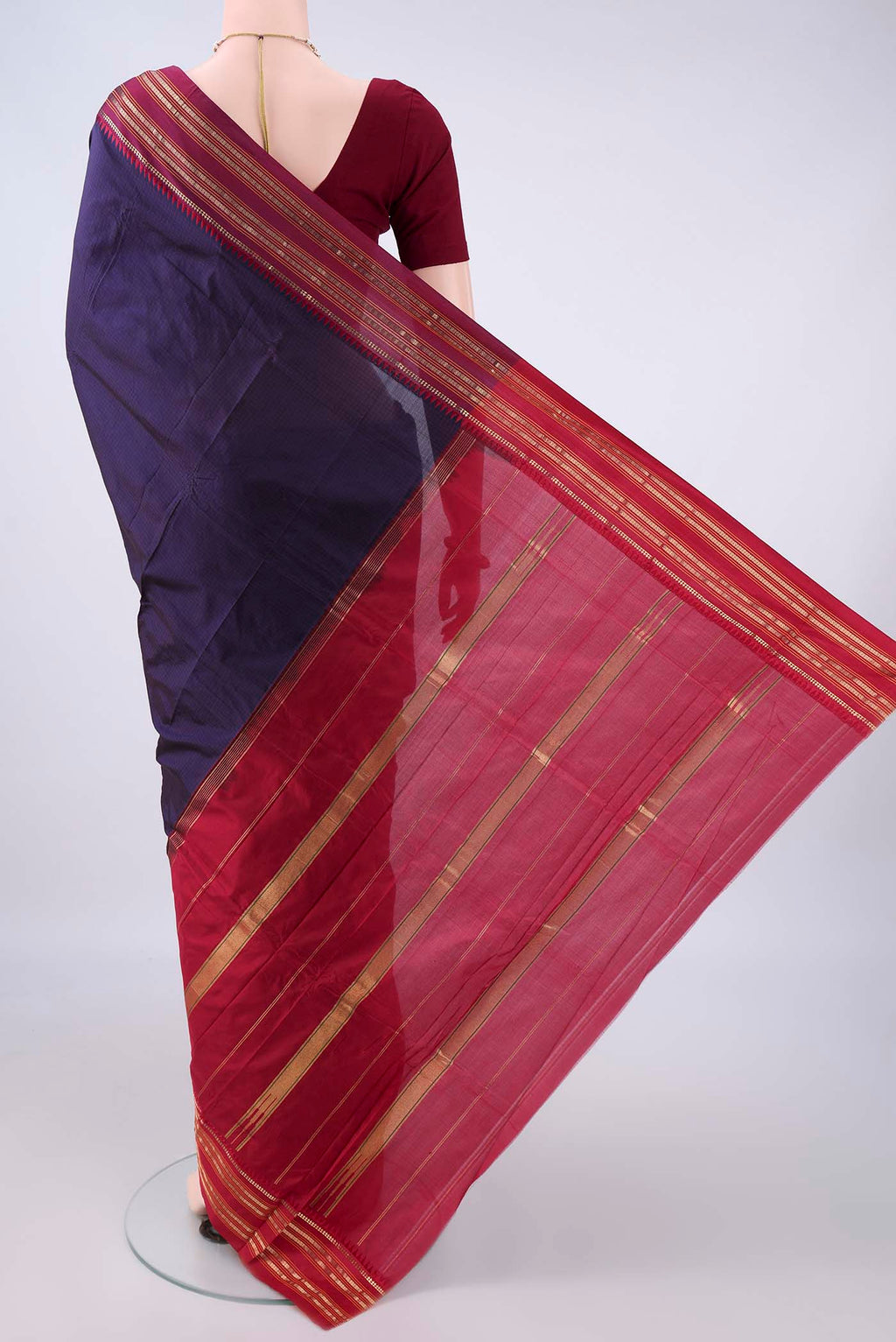 Flat view of Pure Silk Navy Blue Narayanpet Saree with Checked design on the body and Zari Border. 
