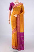 Pure Silk Mustard Narayanpet Saree with Plain Body and Zari Border.  displayed on a mannequin