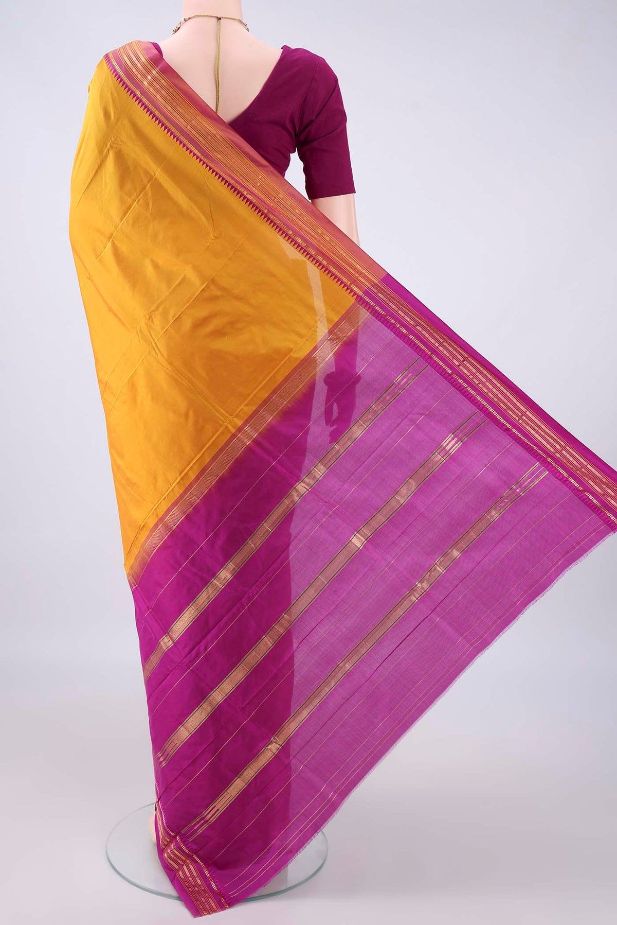 Flat view of Pure Silk Mustard Narayanpet Saree with Plain Body and Zari Border. 