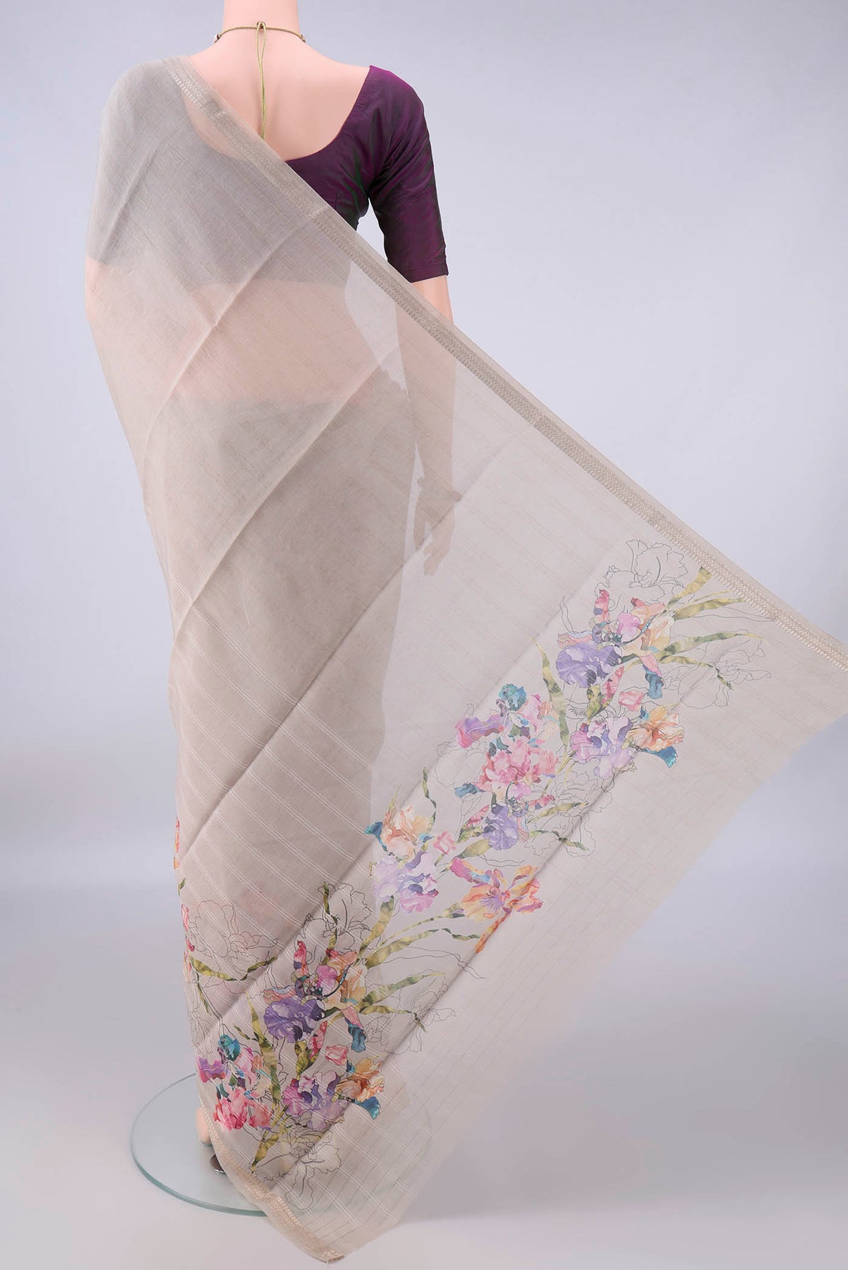 Flat view of Beige Chanderi Cotton Saree with Floral Print on the body and Zari Border. 