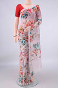 Rose pink Chanderi Cotton Saree with Floral Print on the body and Zari Border.  displayed on a mannequin