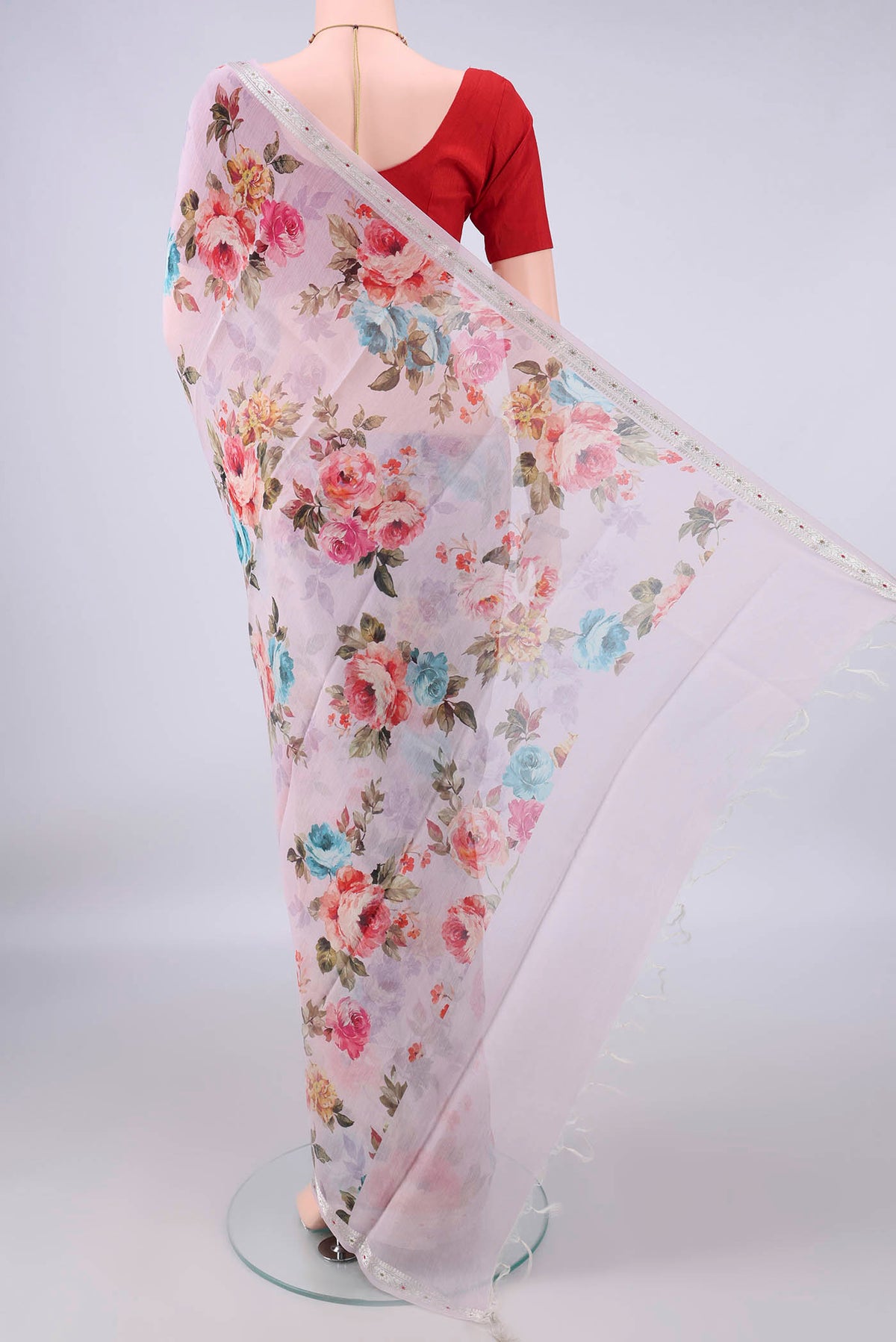 Flat view of Rose pink Chanderi Cotton Saree with Floral Print on the body and Zari Border. 
