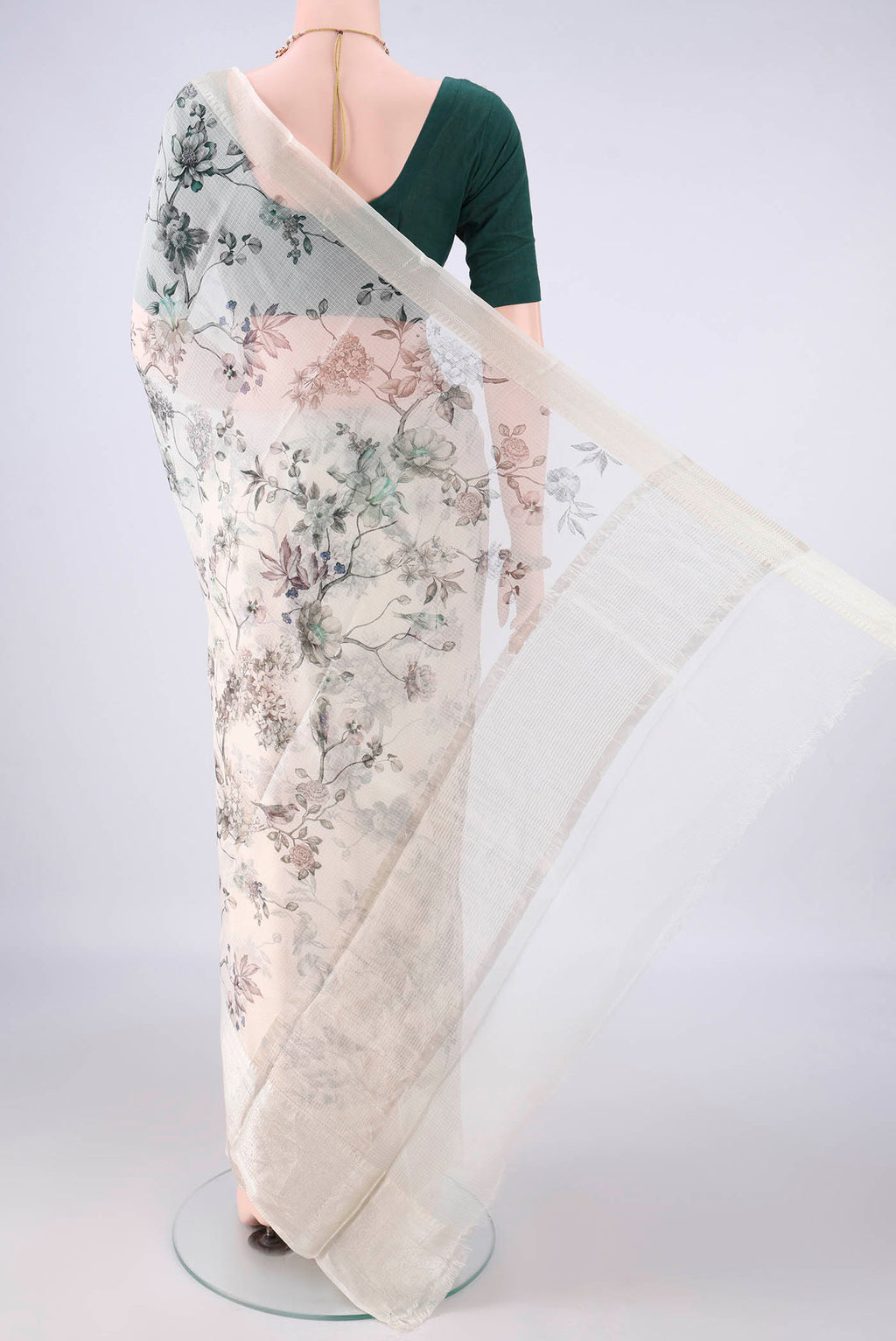Flat view of Pure Silk Off White Kota Saree with Floral Print on the body and Zari Border. 