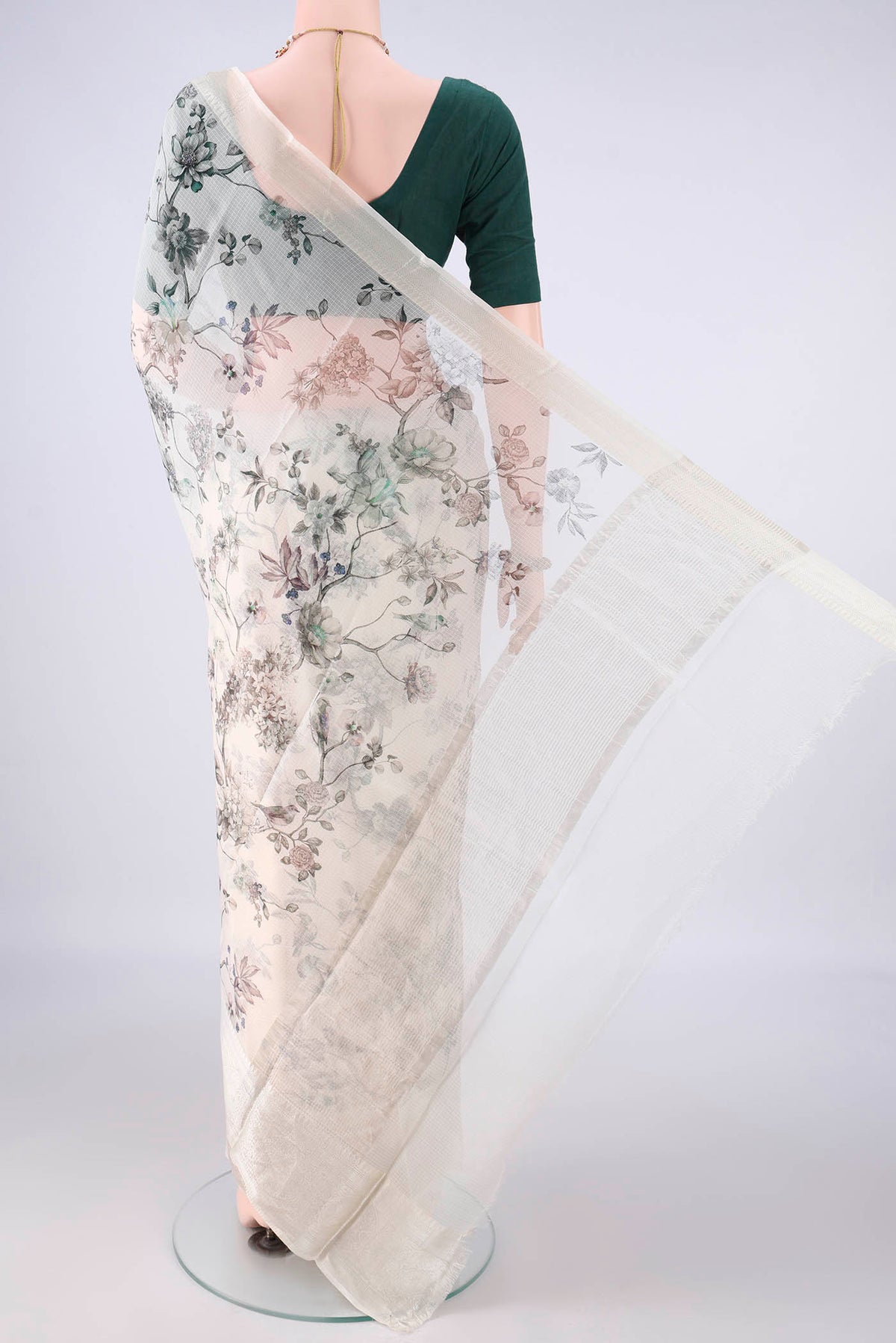 Flat view of Pure Silk Off White Kota Saree with Floral Print on the body and Zari Border. 