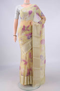 Pure Silk Lemon Yellow Kota Saree with Floral Print on the body and Zari Border.  displayed on a mannequin