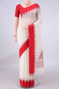 Pure Silk White Jute Saree with Jamdani on the body and Temple Border.  displayed on a mannequin