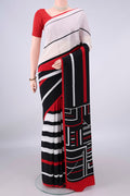 Cream Mysore Crepe Saree with Printed design on the body and Without Border.  displayed on a mannequin