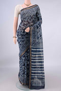 Indigo Mangalagiri Cotton Saree with Batik Print on the body and Zari Border.  displayed on a mannequin