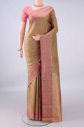 Pure Silk Dark Beige Kanchipuram Saree with Stripes on the body and Zari Border.  displayed on a mannequin