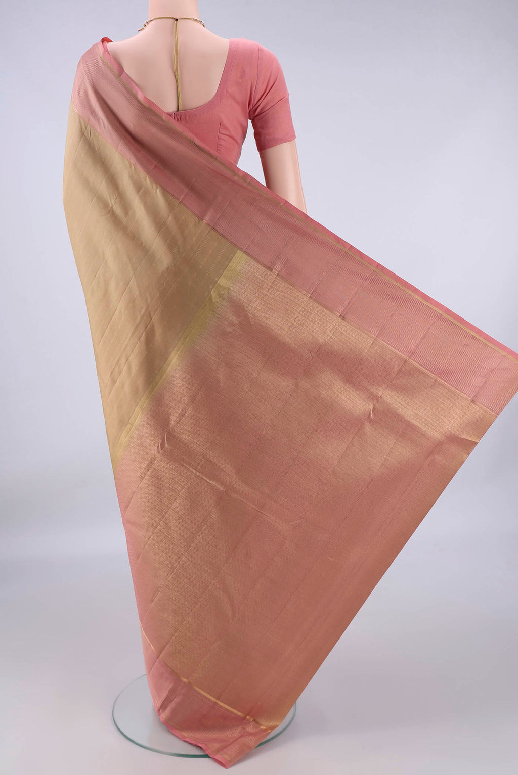 Flat view of Pure Silk Dark Beige Kanchipuram Saree with Stripes on the body and Zari Border. 