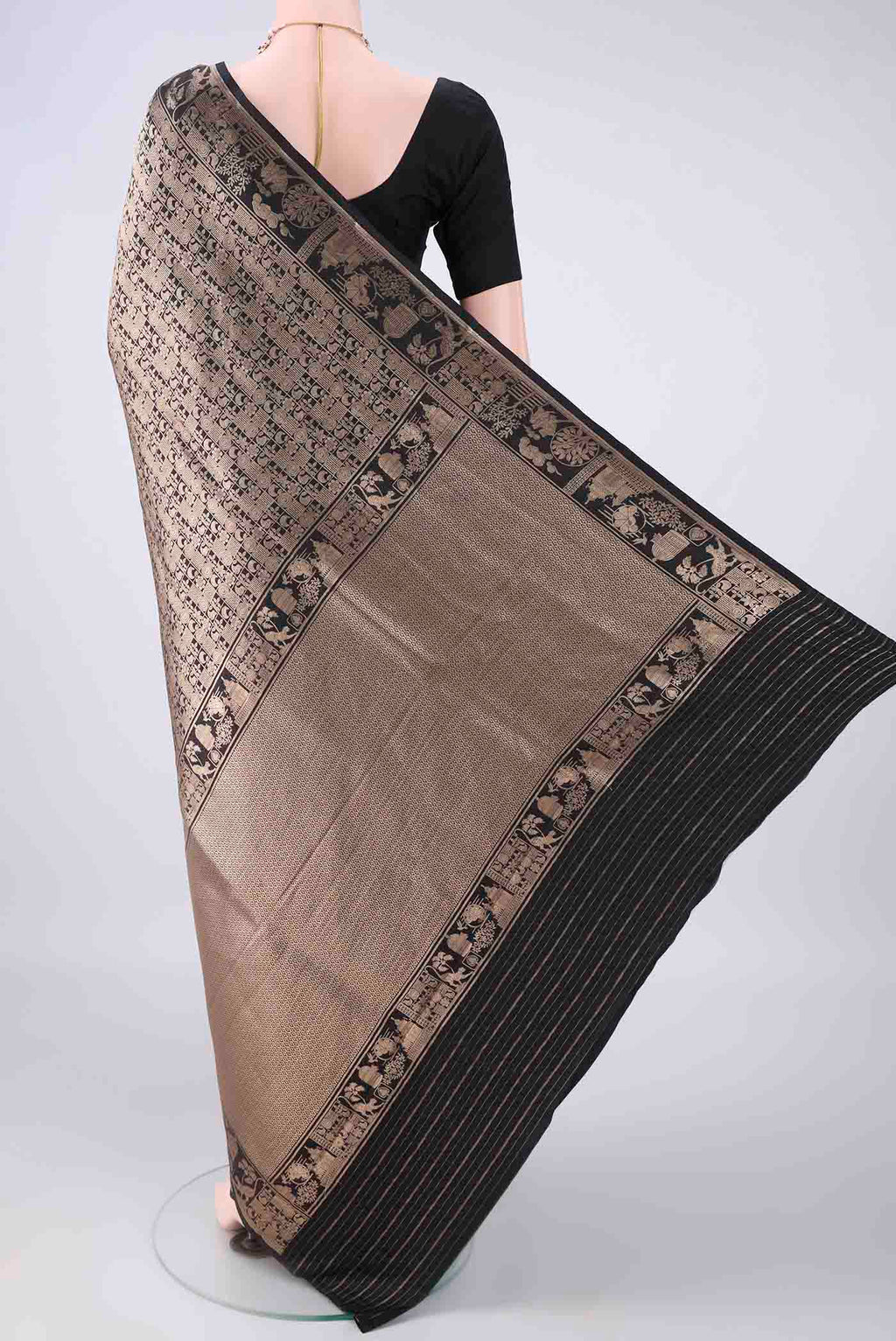 Flat view of Pure Silk Black Banarasi Saree with Zari Brocade on the body and Zari Border. 
