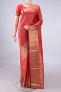 Pure Silk Brick Orange Dual Tone Soft Saree with Zari Brocade on the body and Zari Border.  displayed on a mannequin