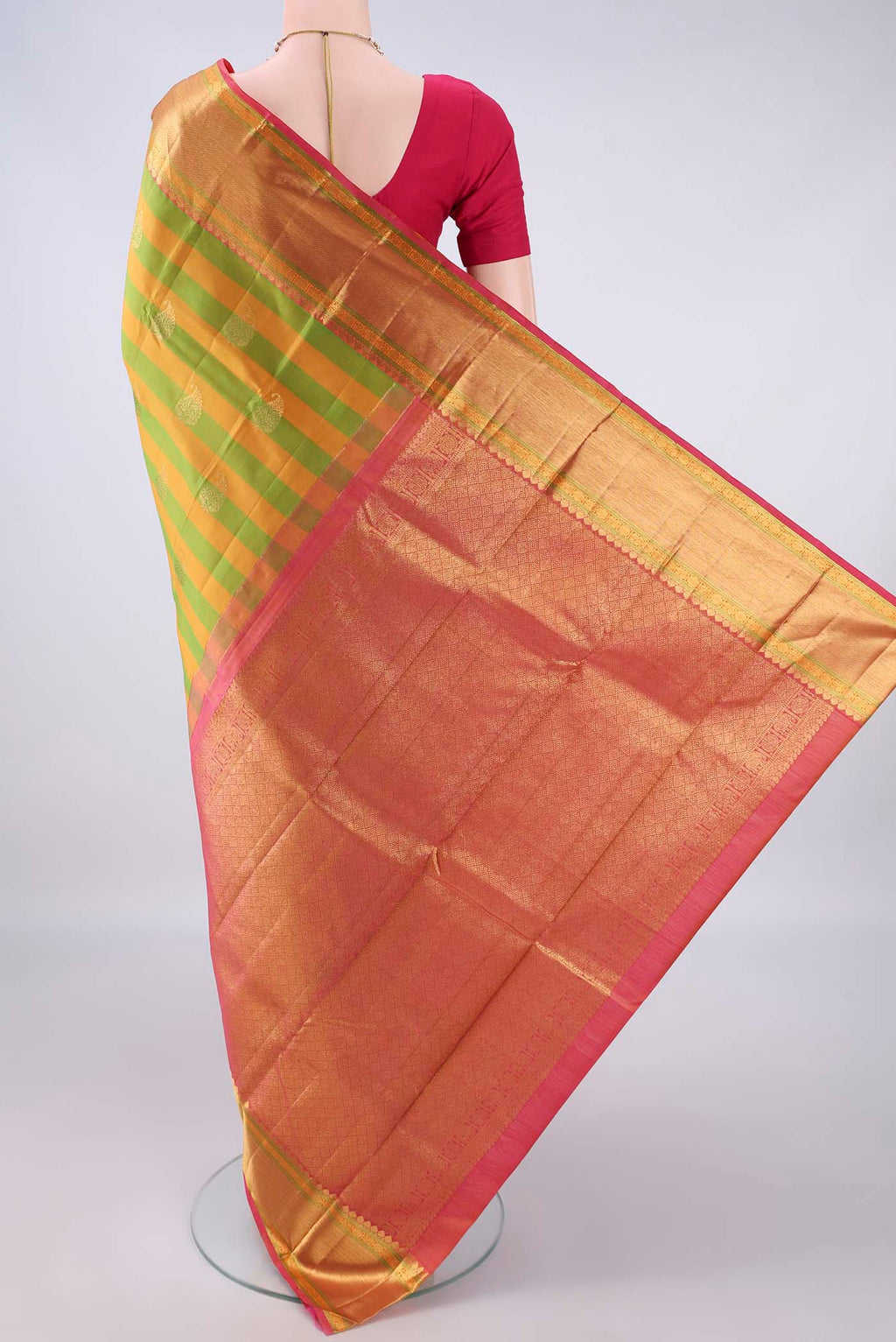 Flat view of Pure Silk Multi Color Kanjivaram Saree with Stripes on the body and Zari Border. 