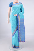 Pure Silk Sky Blue Kanchipuram Saree with Thread Butta on the body and Zari Border.  displayed on a mannequin