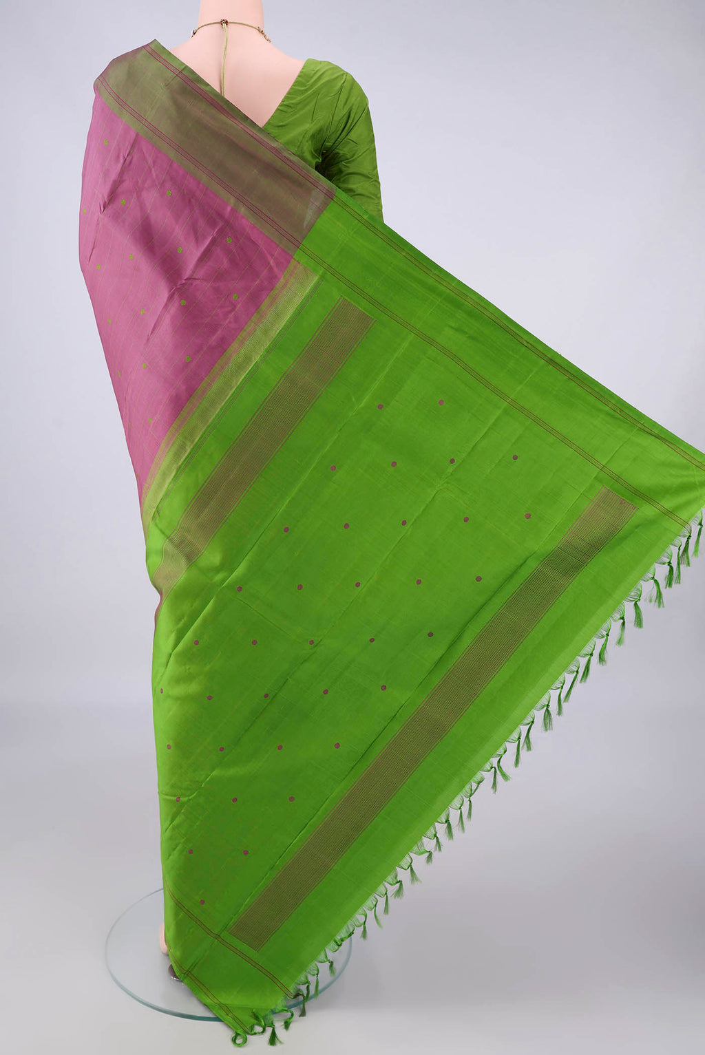 Flat view of Pure Silk Mauve Kanchipuram Saree with Checked design on the body and Plain Border. 