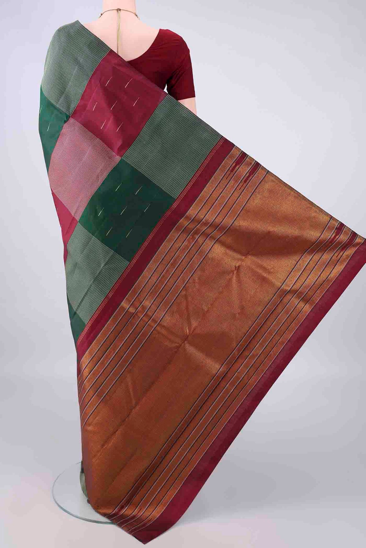 Flat view of Pure Silk Multi Color Kanchipuram Saree with Checked design on the body and Without Border. 