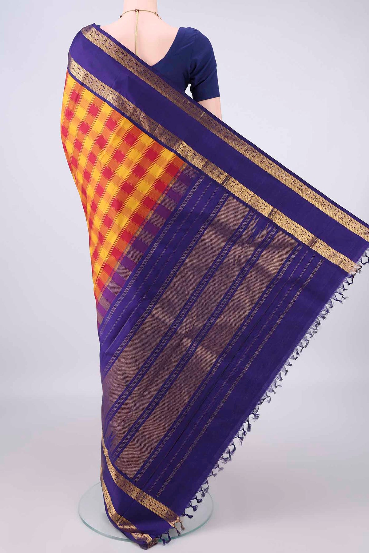 Flat view of Pure Silk Multi Color Kanjivaram Saree with Checked design on the body and Zari Border. 