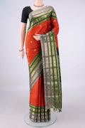 Pure Silk Orange Kanchipuram Saree with Zari Butta on the body and Zari Border.  displayed on a mannequin