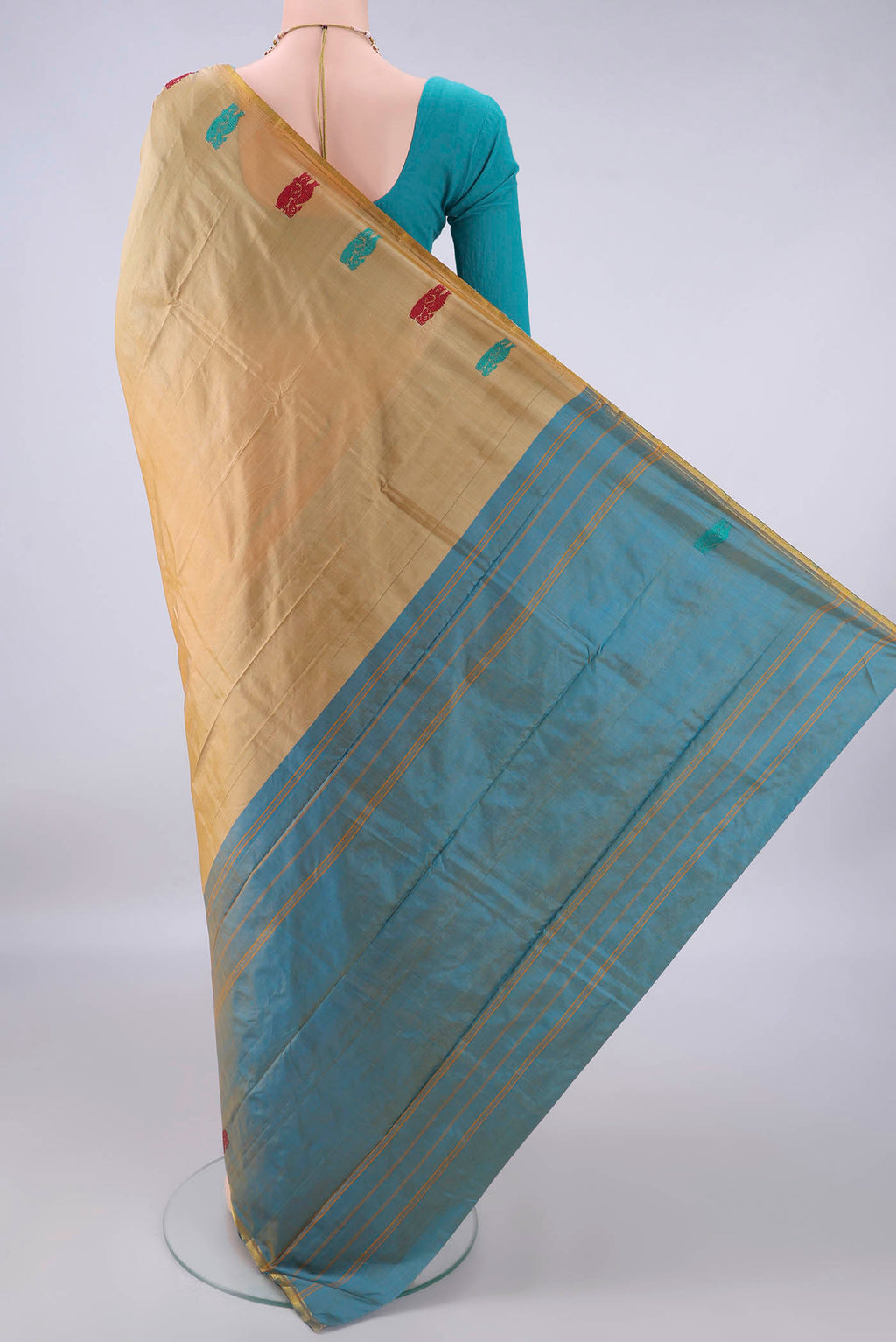 Flat view of Pure Silk Sandal Kanchipuram Saree with Plain Body and Zari Border. 