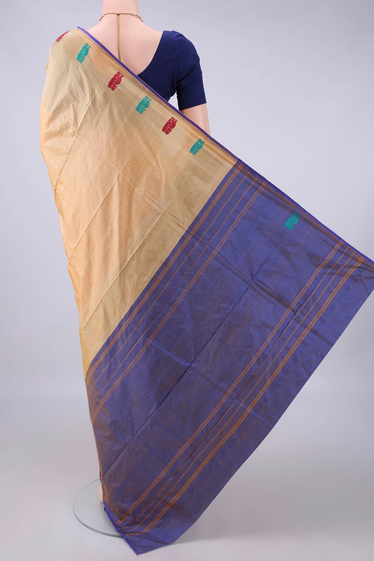 Flat view of Pure Silk Sandal Kanchipuram Saree with Plain Body and Thread Border. 