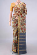 Dark Beige Mysore Crepe Saree with Printed design on the body and Zari Border.  displayed on a mannequin