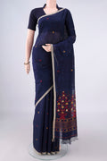 Pure Silk Navy Blue Jute Saree with Jamdani on the body and Plain Border.  displayed on a mannequin