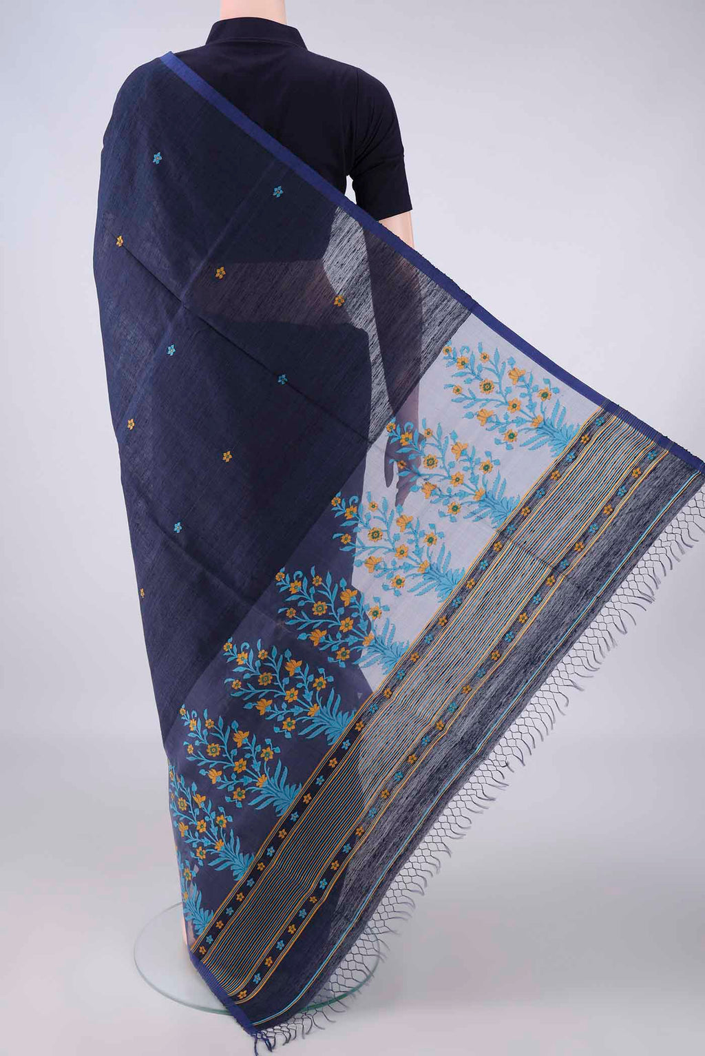 Flat view of Pure Silk Blue Grey Jute Saree with Jamdani on the body and Plain Border. 