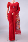 Pure Silk Red Jute Saree with Jamdani on the body and Plain Border.  displayed on a mannequin