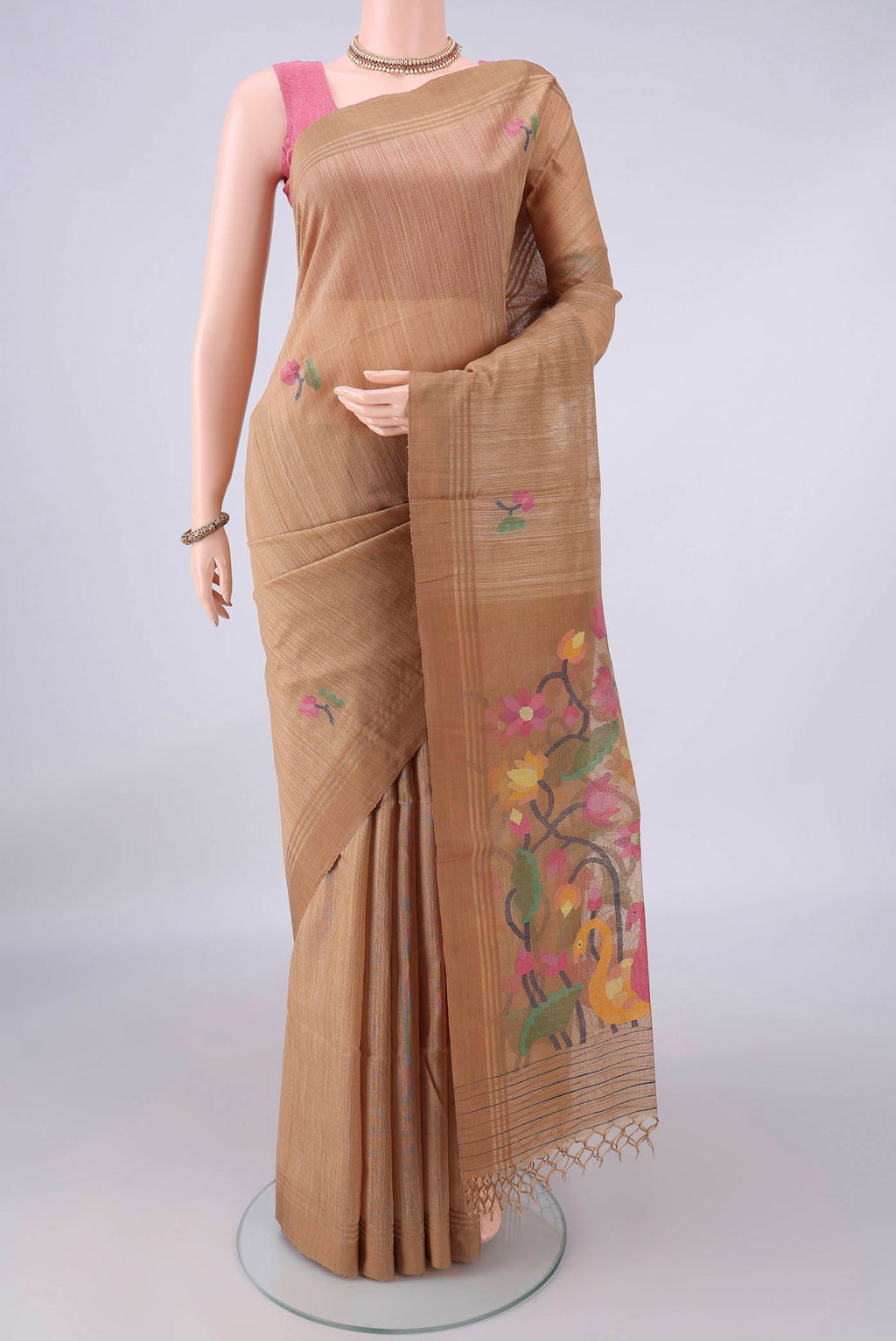 Pure Silk Beige Jute Saree with Jamdani on the body and Plain Border.  displayed on a mannequin