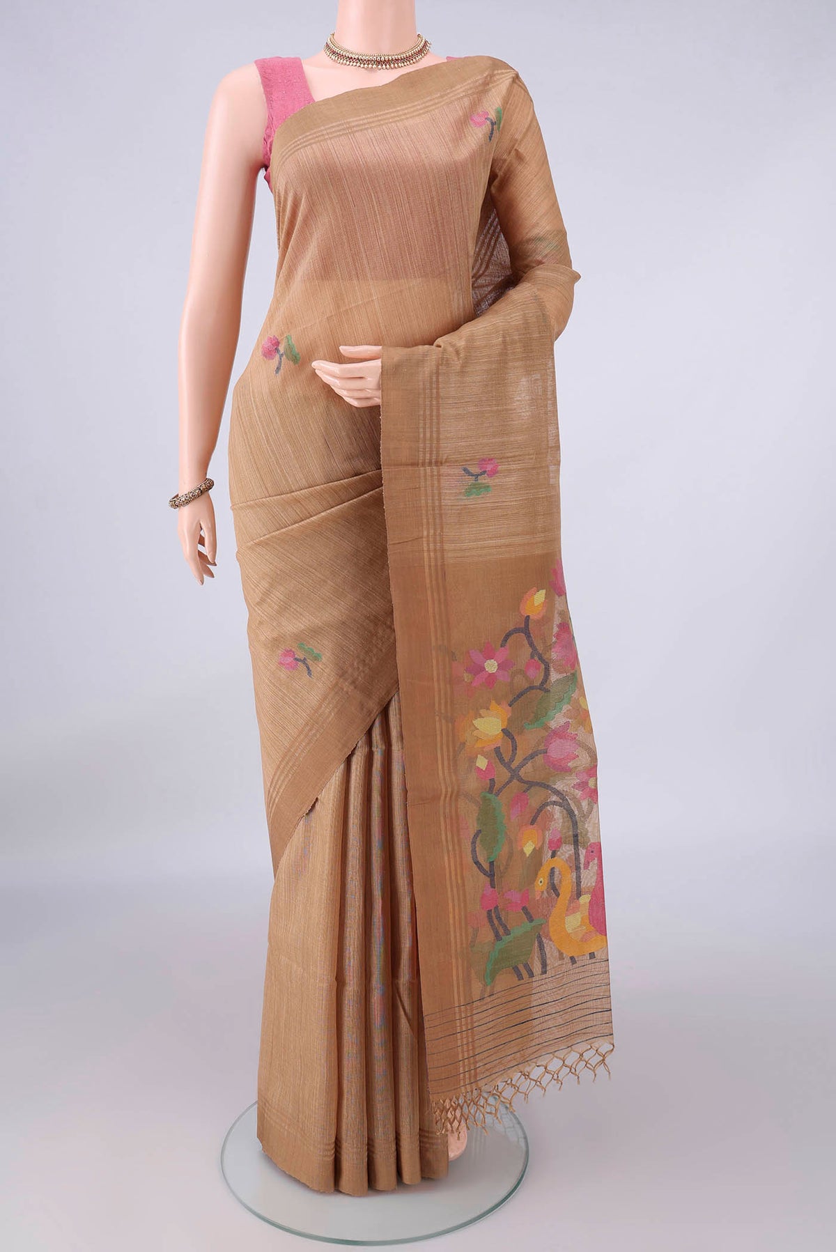 Pure Silk Beige Jute Saree with Jamdani on the body and Plain Border.  displayed on a mannequin
