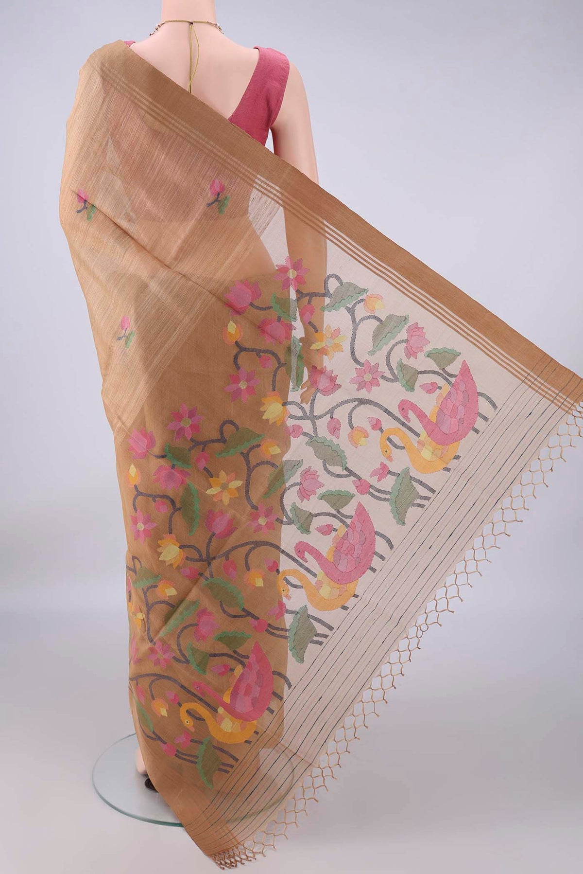 Flat view of Pure Silk Beige Jute Saree with Jamdani on the body and Plain Border. 