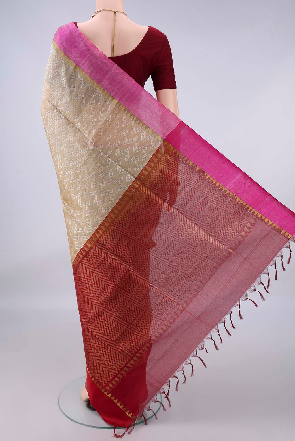 Flat view of Dark Beige Coimbatore Cotton Saree with Jacquard design on the body and Zari Border. 