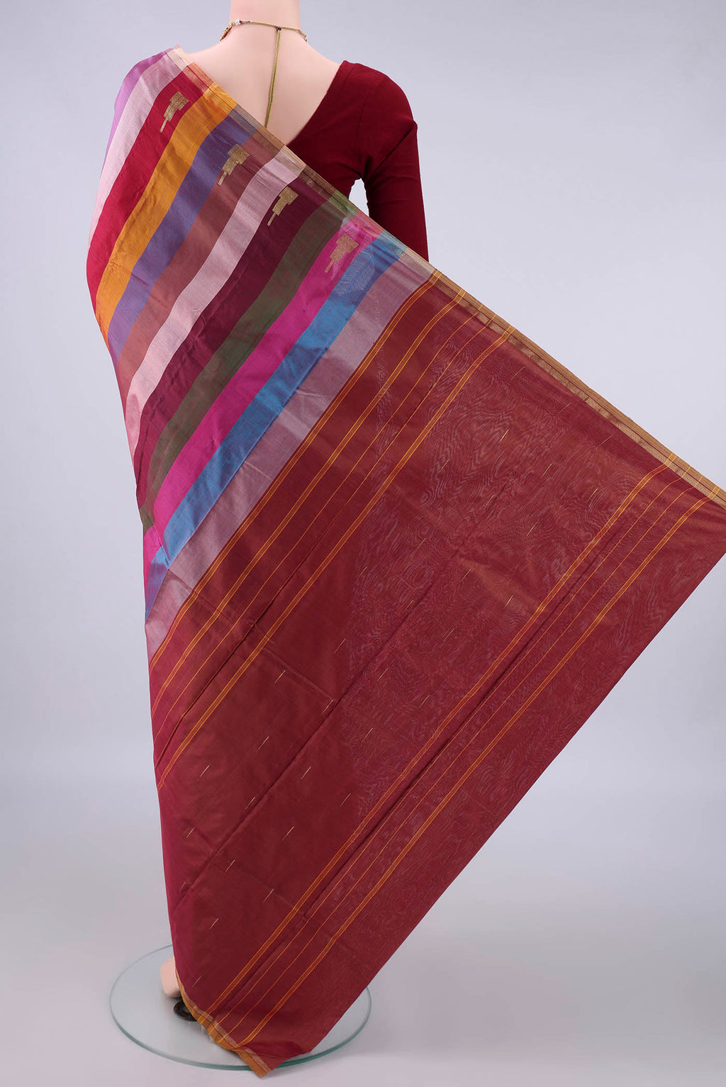 Flat view of Pure Silk Multi Color Kanchipuram Saree with Stripes on the body and Thin Zari Line. 