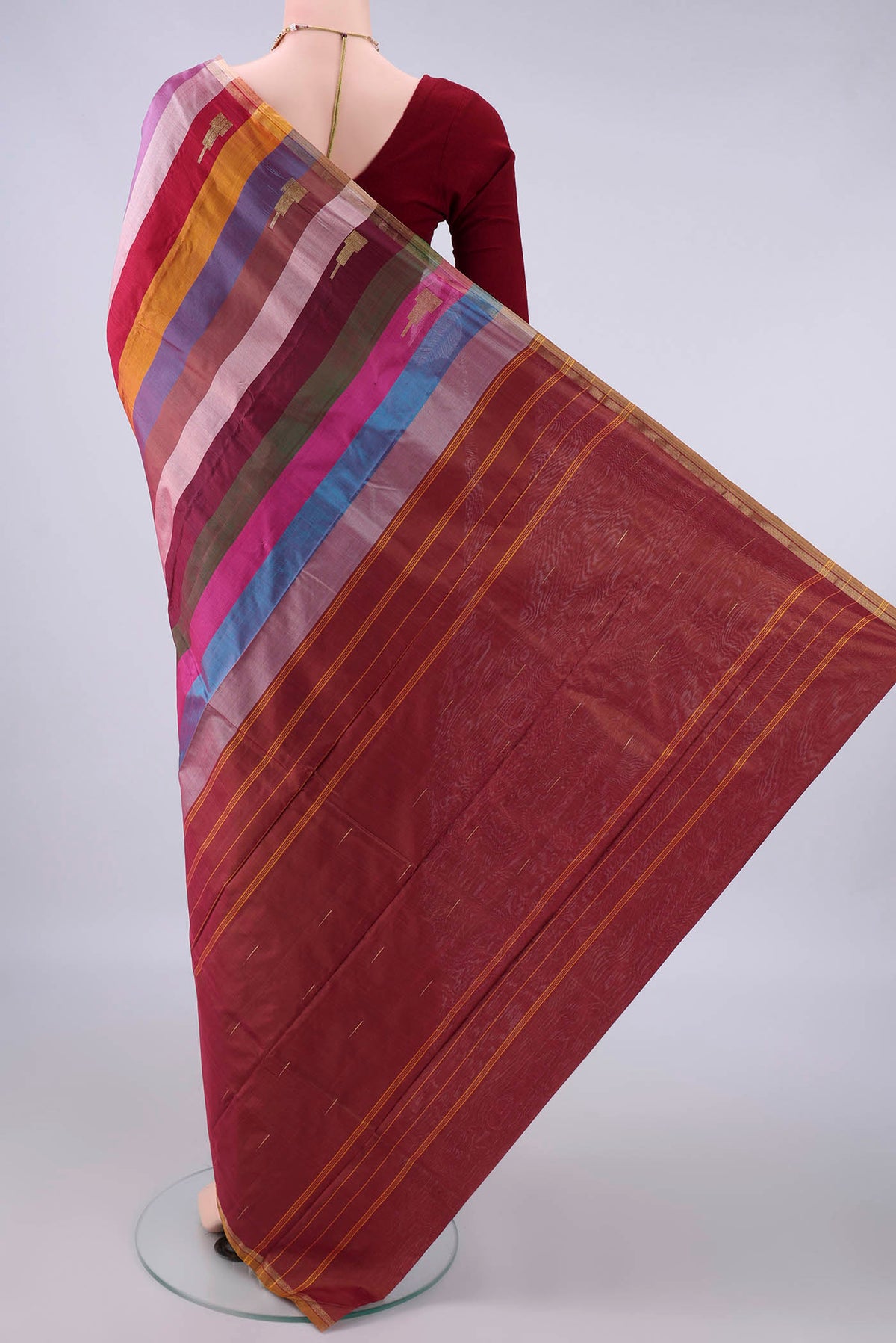 Flat view of Pure Silk Multi Color Kanchipuram Saree with Stripes on the body and Thin Zari Line. 