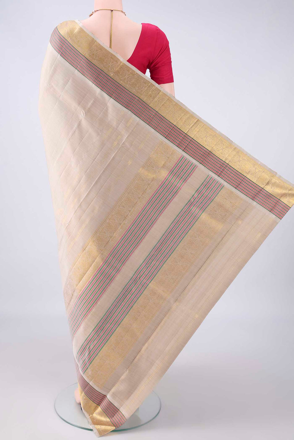 Flat view of Pure Silk Dark Beige Kanchipuram Saree with Plain Body and Zari Border. 