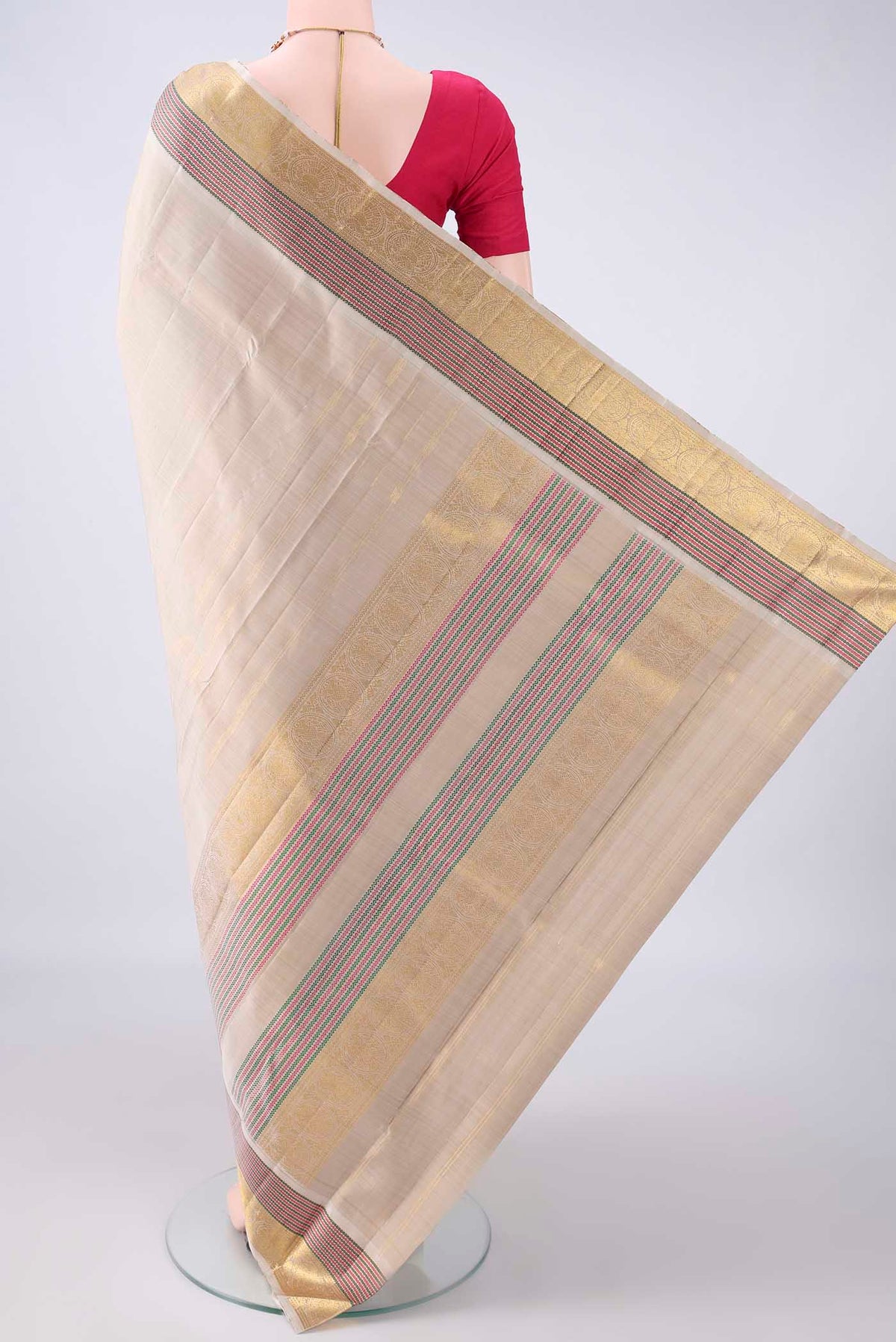 Flat view of Pure Silk Dark Beige Kanchipuram Saree with Plain Body and Zari Border. 