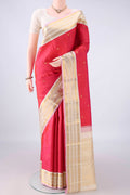 Pure Silk Imperial Red Kanjivaram Saree with Zari Butta on the body and Zari Border.  displayed on a mannequin