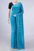 Pure Silk Blue Kanchipuram Saree with Plain Body and Zari Border.  displayed on a mannequin
