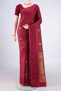 Pure Silk Maroon Kanjivaram Saree with Checked design on the body and Zari Border.  displayed on a mannequin