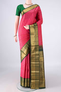 Pure Silk Pure Zari Dark Pink Kanchipuram Saree with Checked design on the body and Zari Border.  displayed on a mannequin