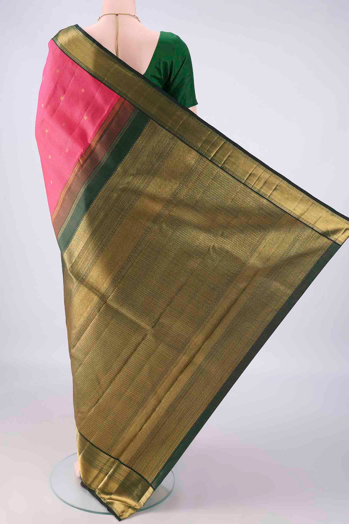 Flat view of Pure Silk Pure Zari Dark Pink Kanchipuram Saree with Checked design on the body and Zari Border. 
