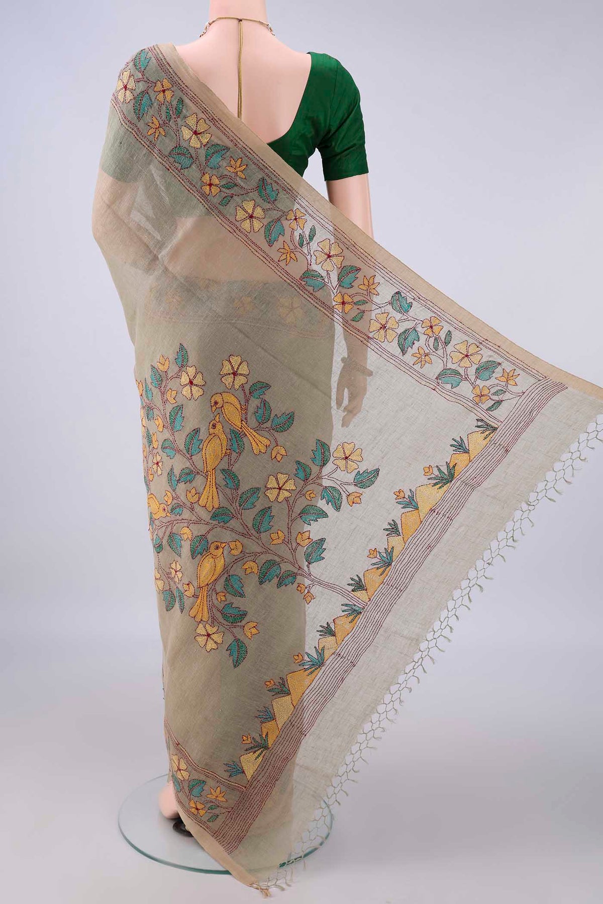 Flat view of Dark Beige Linen Saree with Plain Body and Thread Border. 