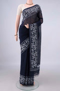Navy Blue Linen Saree with Plain Body and Thread Border.  displayed on a mannequin