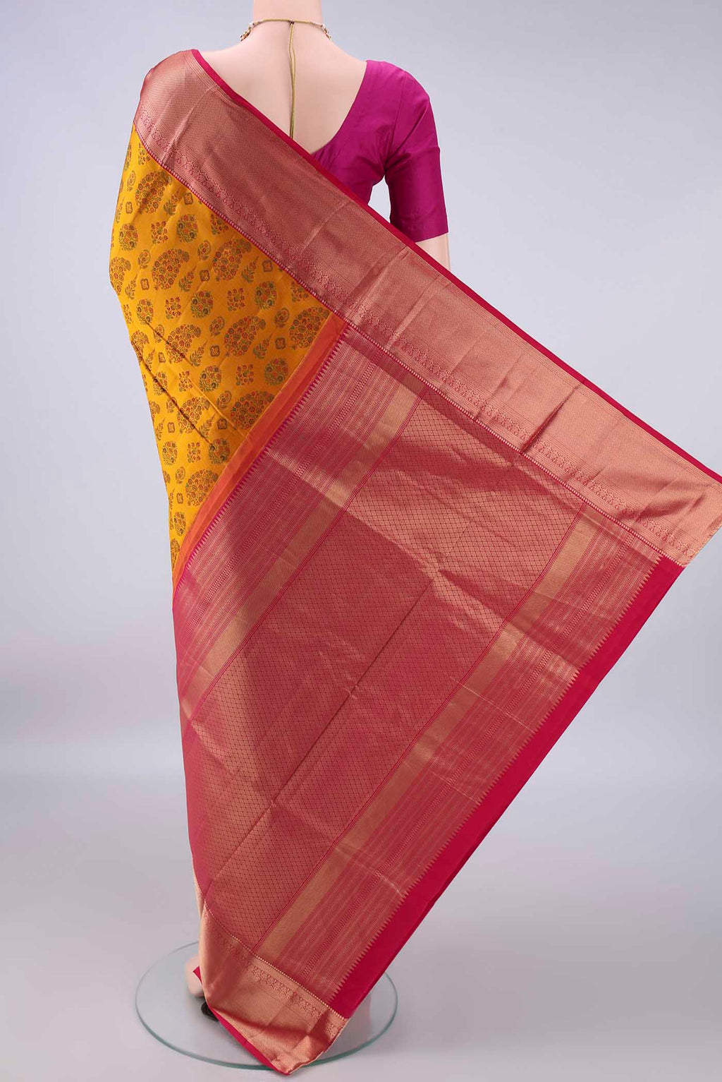 Flat view of Pure Silk Mustard Soft Saree with Jacquard design on the body and Zari Border. 